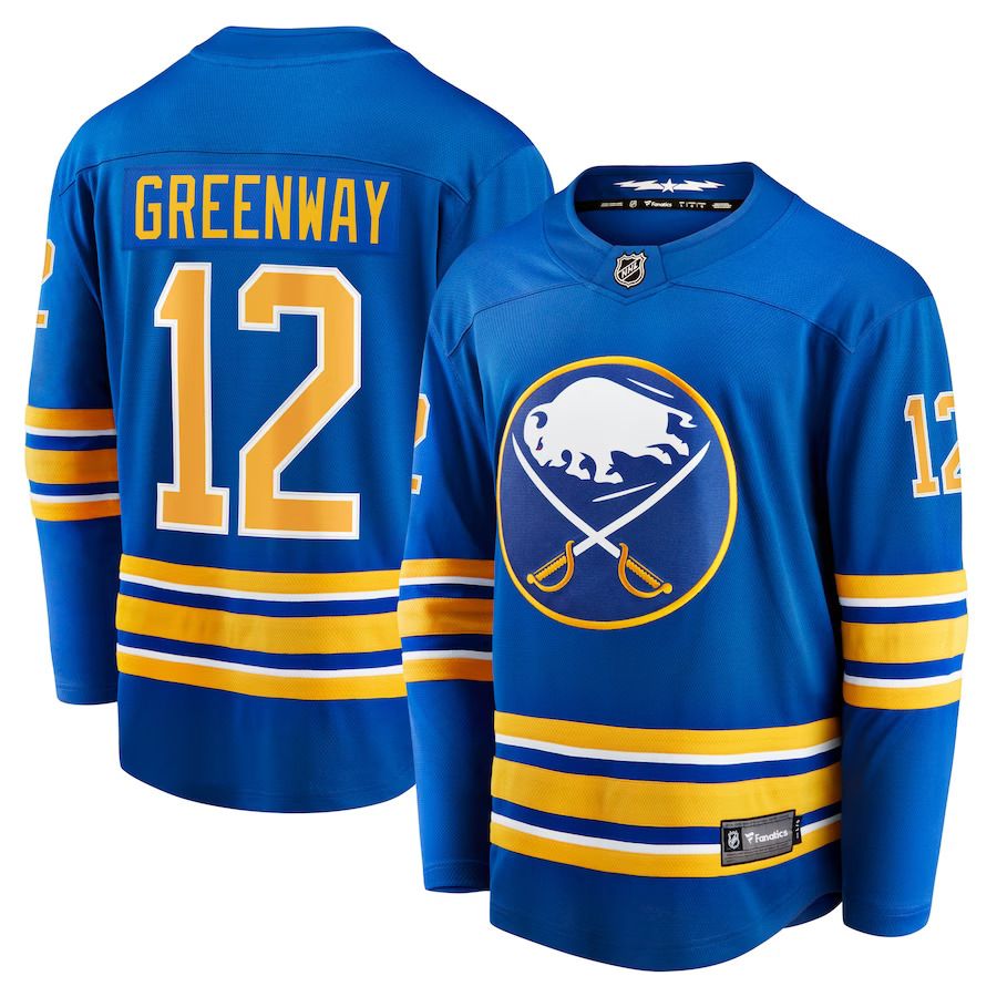 Men Buffalo Sabres #12 Jordan Greenway Fanatics Branded Royal Home Breakaway NHL Jersey->buffalo sabres->NHL Jersey